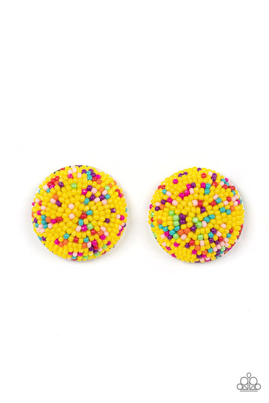 Paparazzi Accessories Kaleidoscope Sky - Yellow A bubbly assortment of dainty multicolored beads spins around the front of an oversized and beveled silver frame, resulting in a boisterous pop of kaleidoscopic color. Earring attaches to a standard post fit