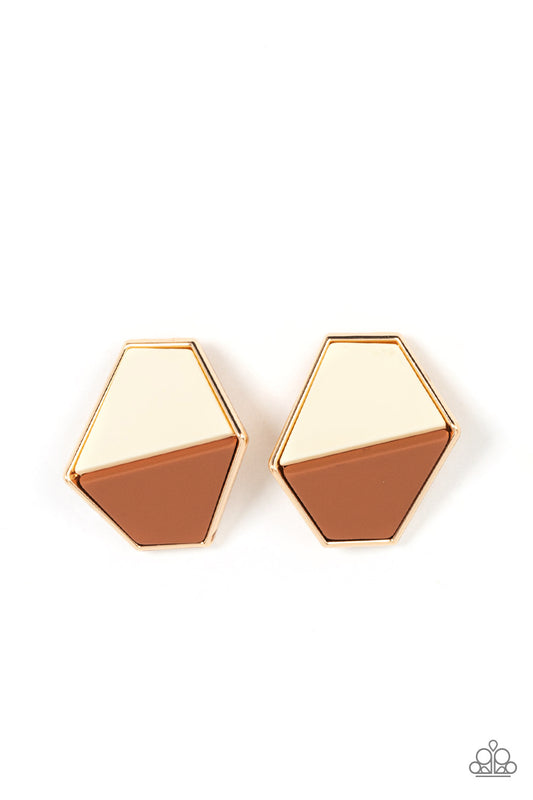 Paparazzi Accessories Generically Geometric - Brown Featuring a matte finish, white and brown trapezoidal frames are encased in a glistening gold frame that gently folds backwards for added dimension. Earring attaches to a standard post fitting. Sold as o