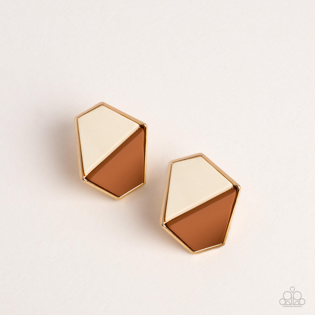 Paparazzi Accessories Generically Geometric - Brown Featuring a matte finish, white and brown trapezoidal frames are encased in a glistening gold frame that gently folds backwards for added dimension. Earring attaches to a standard post fitting. Sold as o