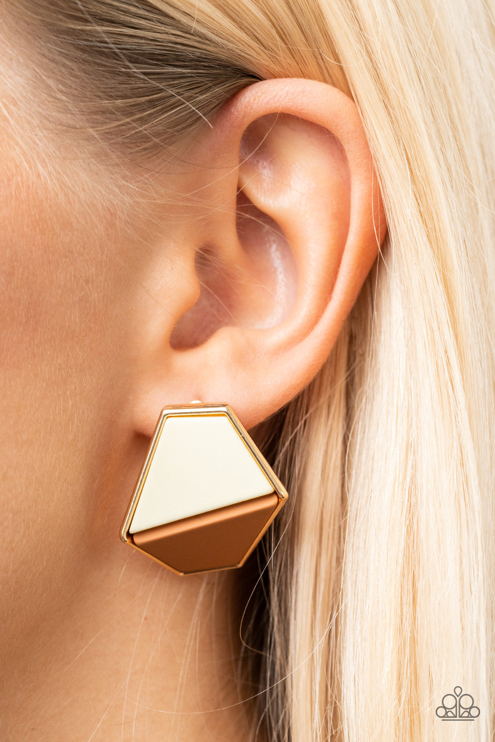 Paparazzi Accessories Generically Geometric - Brown Featuring a matte finish, white and brown trapezoidal frames are encased in a glistening gold frame that gently folds backwards for added dimension. Earring attaches to a standard post fitting. Sold as o