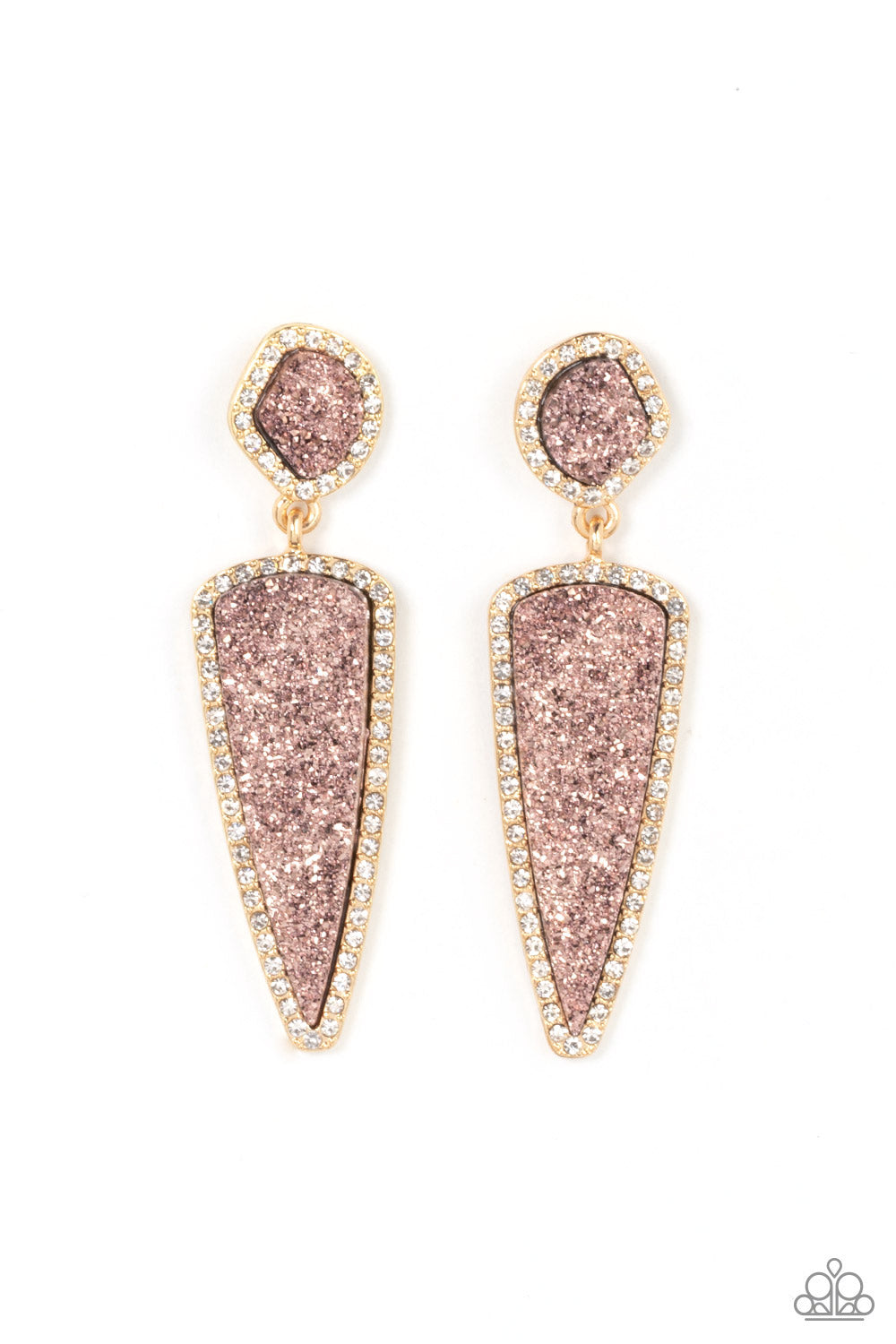 Paparazzi Accessories Druzy Desire - Gold Featuring asymmetrical and triangular cuts, a pair of pink druzy-like accents are encased inside white rhinestone dotted gold frames as they link into a jaw-dropping lure. Earring attaches to a standard post fitti