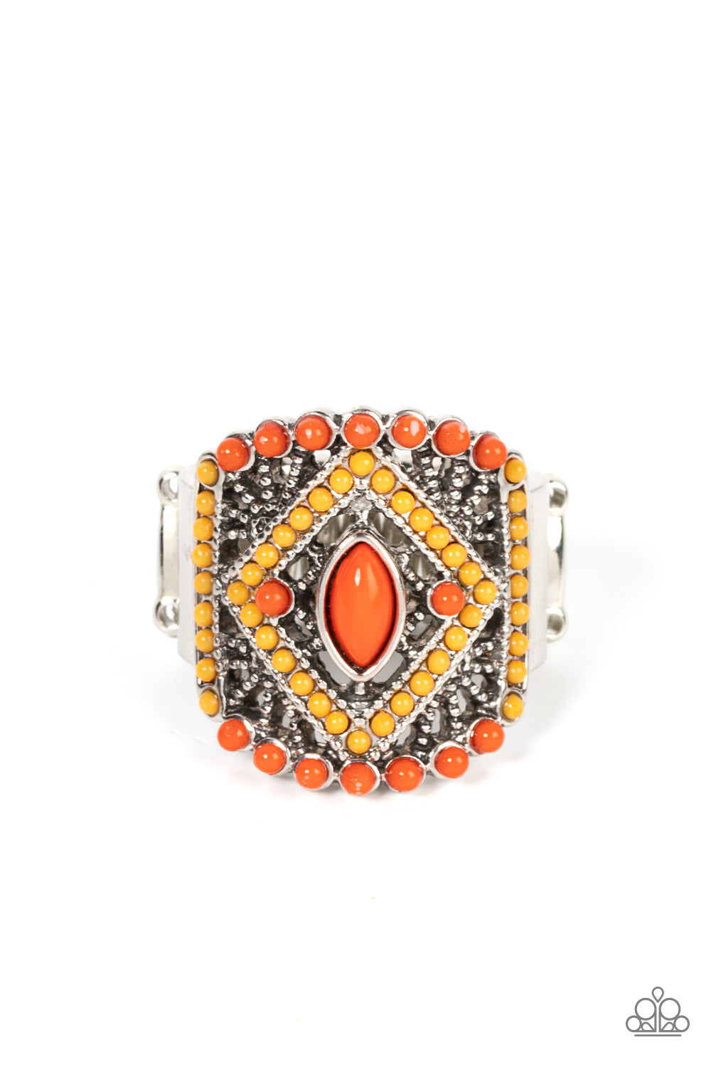Paparazzi Accessories Amplified Aztec - Orange Dainty orange and burnt orange beads adorn the front of an airy silver frame radiating with studded geometric texture, culminating into a colorful textile inspired pattern atop the finger. Features a stretchy