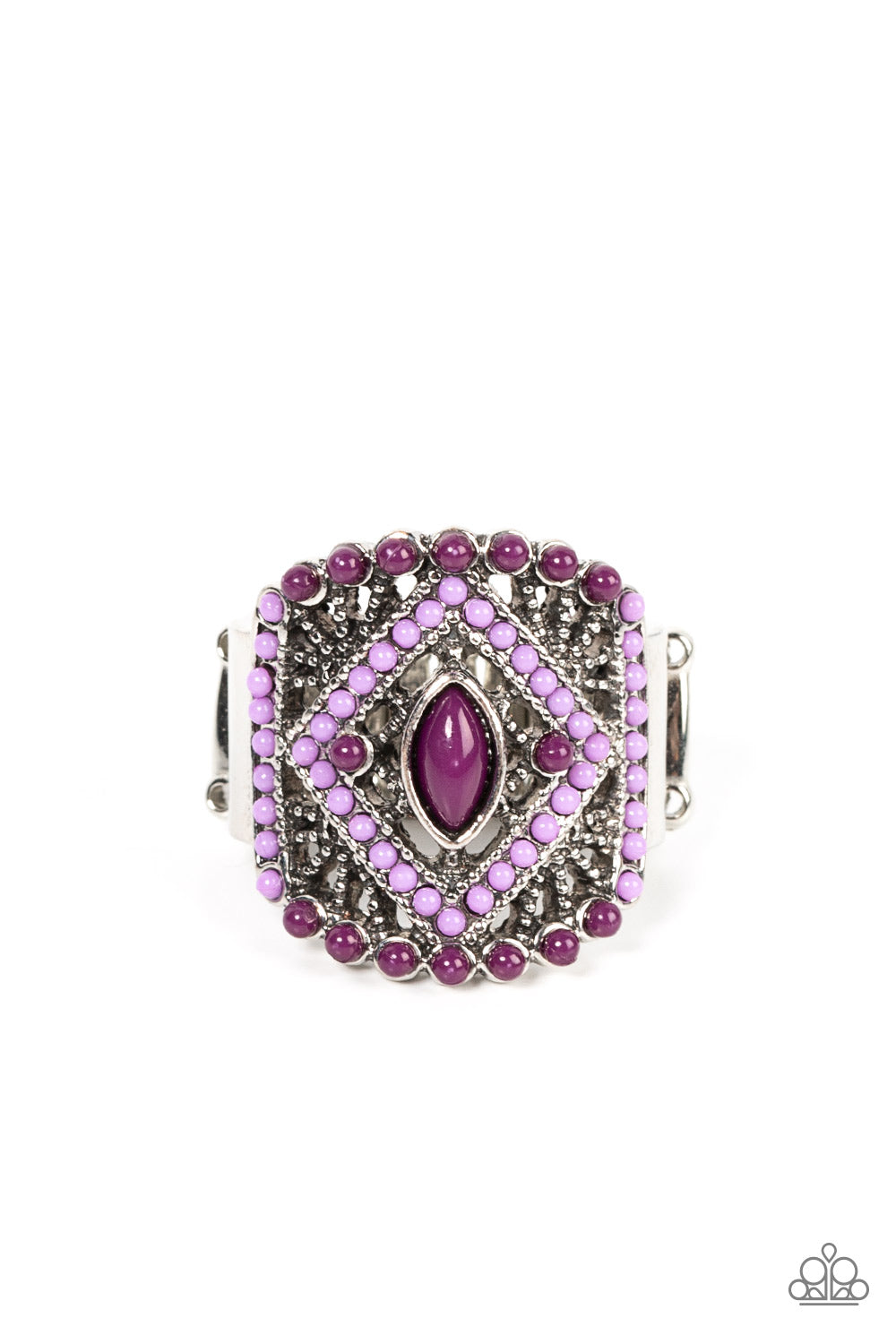 Paparazzi Accessories Amplified Aztec - Purple Dainty purple and plum beads adorn the front of an airy silver frame radiating with studded geometric texture, culminating into a colorful textile inspired pattern atop the finger. Features a stretchy band fo