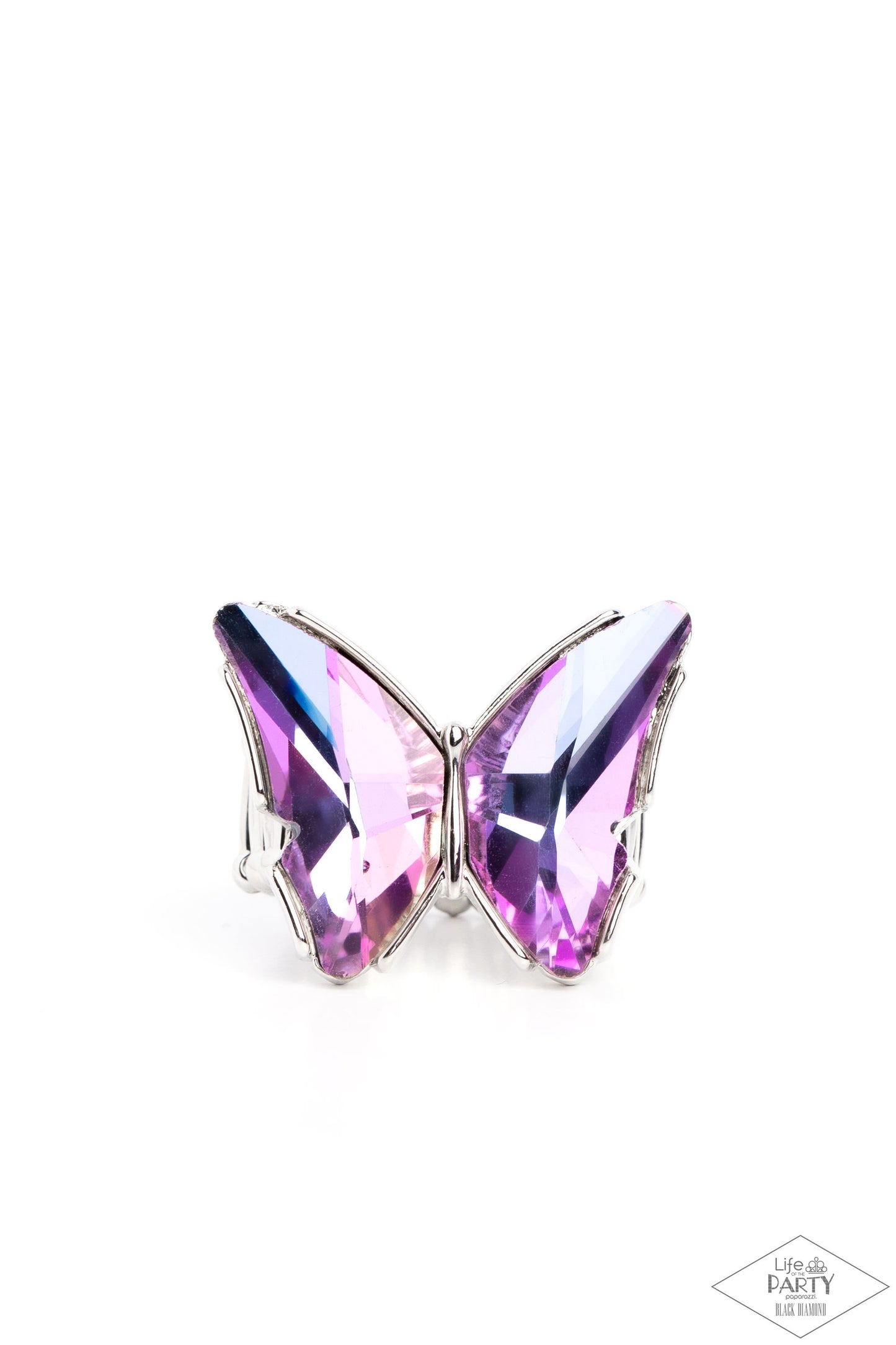 Paparazzi Accessories Fluorescent Flutter - Purple Featuring a stellar UV finish, a pair of glittery purple gems adorns the wings of a silver butterfly atop the finger for an eye-catching finish. Features a stretchy band for a flexible fit. Due to its pri