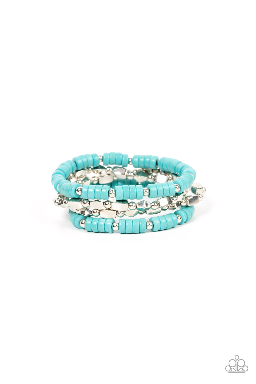 Paparazzi Accessories Anasazi Apothecary - Blue A mismatched assortment of dainty silver beads, turquoise stone discs, and faceted silver accents are threaded along stretchy bands, creating earthy layers around the wrist. Sold as one set of four bracelets
