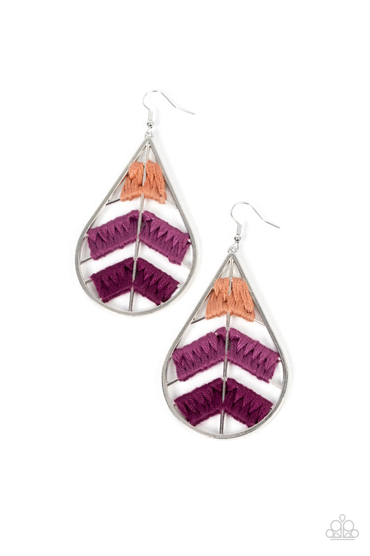 Paparazzi Accessories Nice Threads - Purple Colorful sections of shiny brown, purple, and plum threads decoratively weave along arched silver bars inside of a shiny silver teardrop, resulting in an earthy lure. Earring attaches to a standard fishhook fitt
