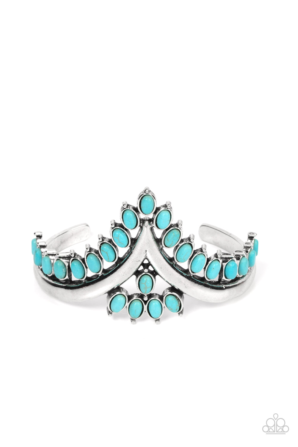 Paparazzi Accessories Teton Tiara - Blue Turquoise oval stones, encased in studded silver frames, line the edge of a daring V-shaped silver cuff. A gathering of turquoise stones adorns the center of the bracelet, adding a finishing touch to the rustically