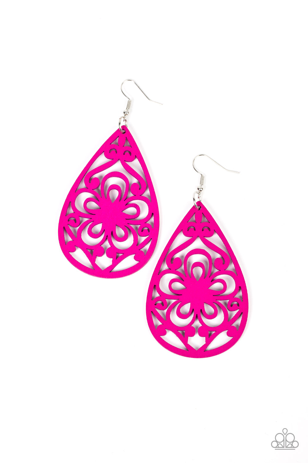 Paparazzi Accessories Marine Eden - Pink A flamboyant Fuchsia Fedora floral design permeates oversized wooden teardrop frames creating an exotic lure. Earring attaches to a standard fishhook fitting. Sold as one pair of earrings. Jewelry