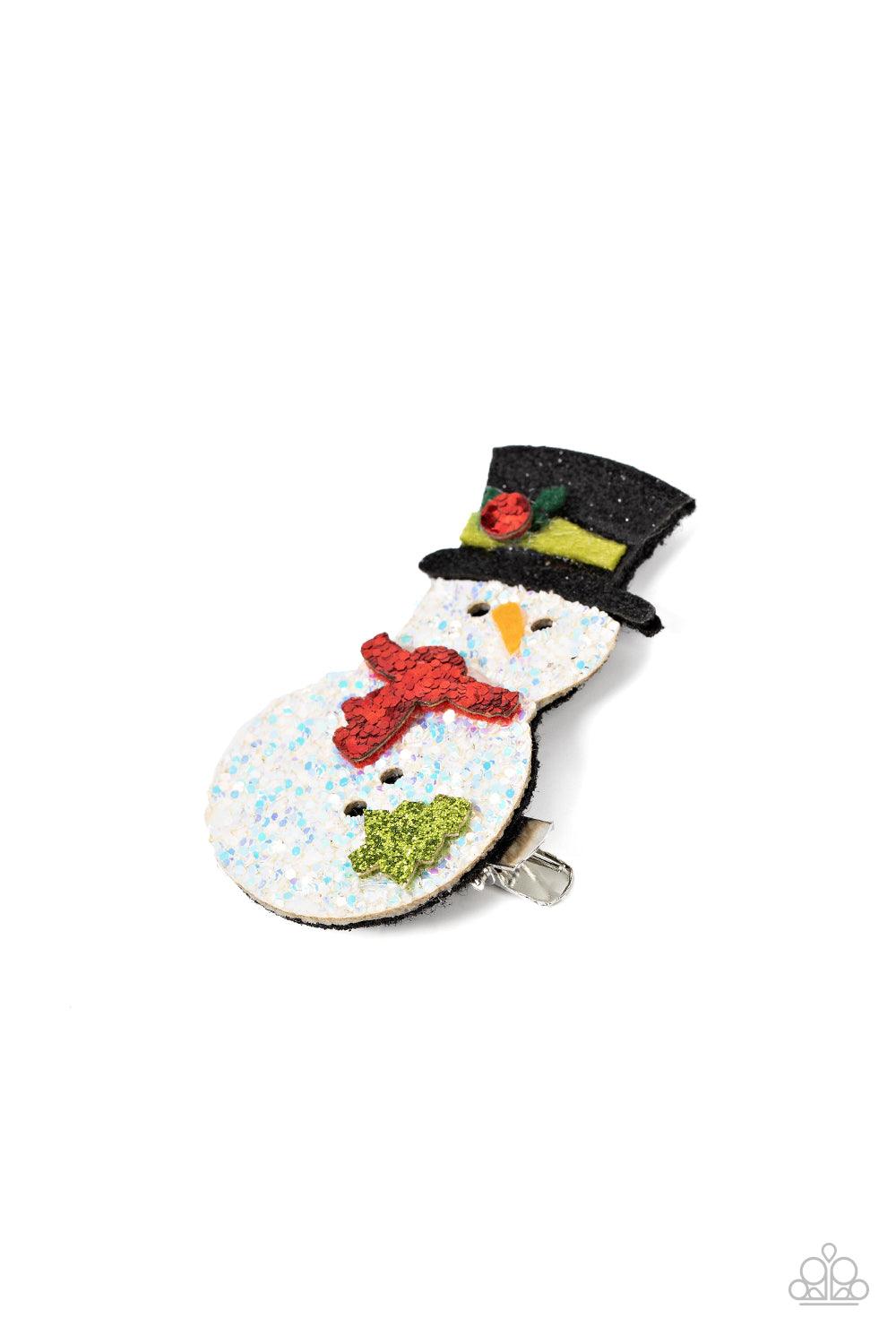 Paparazzi Accessories Let it Snow - Multi Dusted in glitter, a sparkly snowman adorns the front of a classic silver frame for a frosty finish. Features a standard hair clip on the back. Sold as one individual hair clip. Hair Accessories