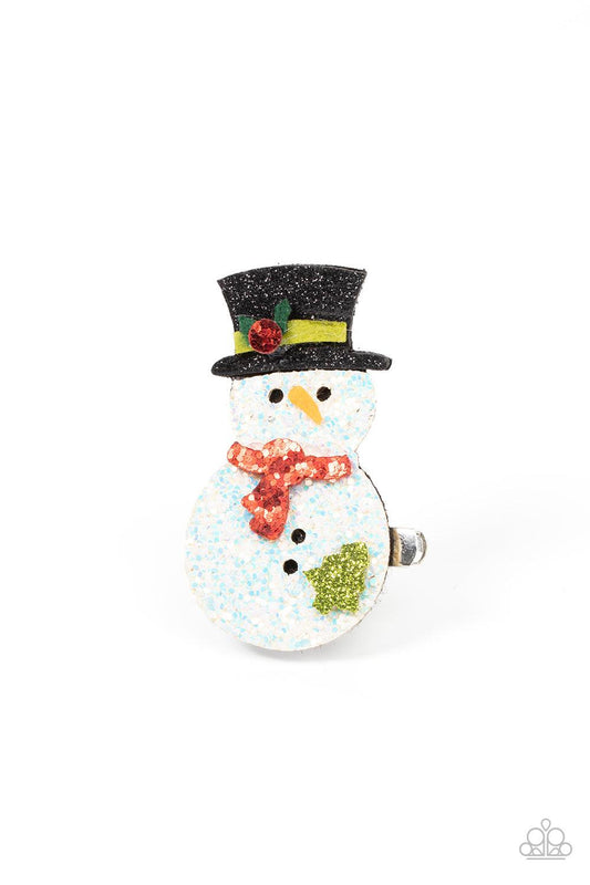 Paparazzi Accessories Let it Snow - Multi Dusted in glitter, a sparkly snowman adorns the front of a classic silver frame for a frosty finish. Features a standard hair clip on the back. Sold as one individual hair clip. Hair Accessories