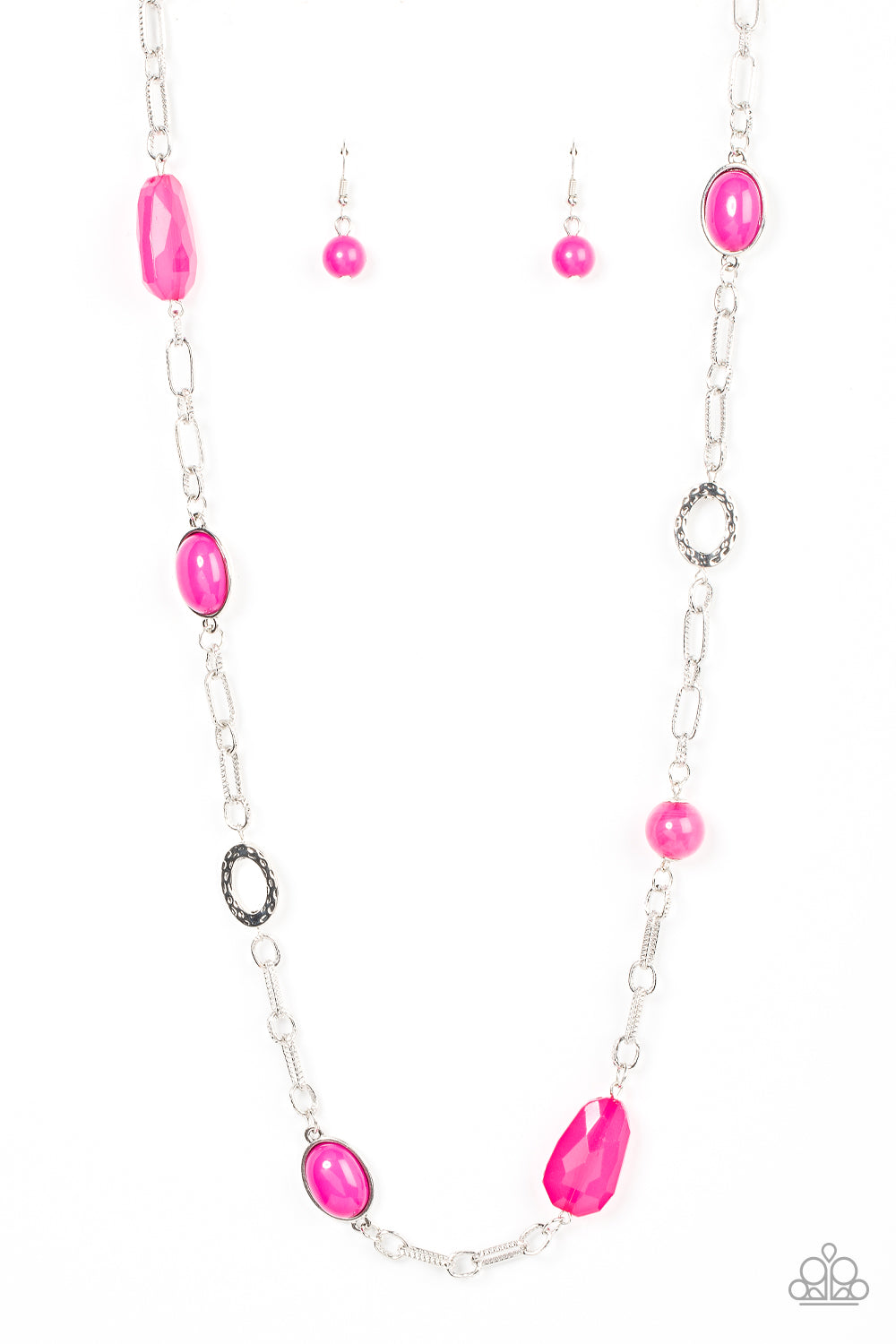 Paparazzi Accessories Barcelona Bash - Pink Featuring acrylic, faceted, and glassy finishes, a refreshing assortment of Fuchsia Fedora beads and gems join hammered silver discs along oversized textured links across the chest for a playful splash of color.