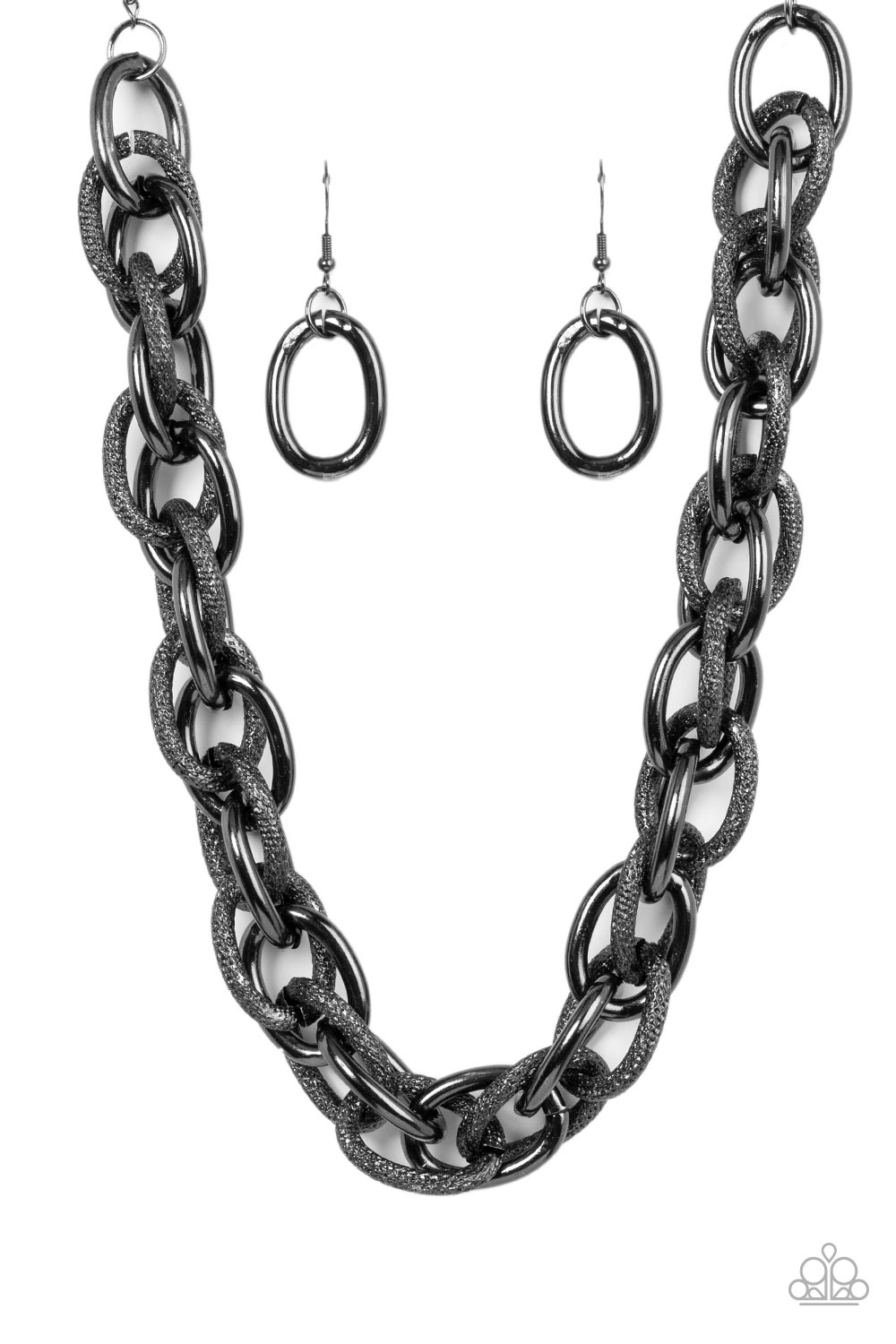 Paparazzi Accessories License to Chill - Black Featuring smooth and glitzy textured finishes, two oversized gunmetal chains interlock into a single chain below the collar for an intense industrial display. Features an adjustable clasp closure. Sold as one