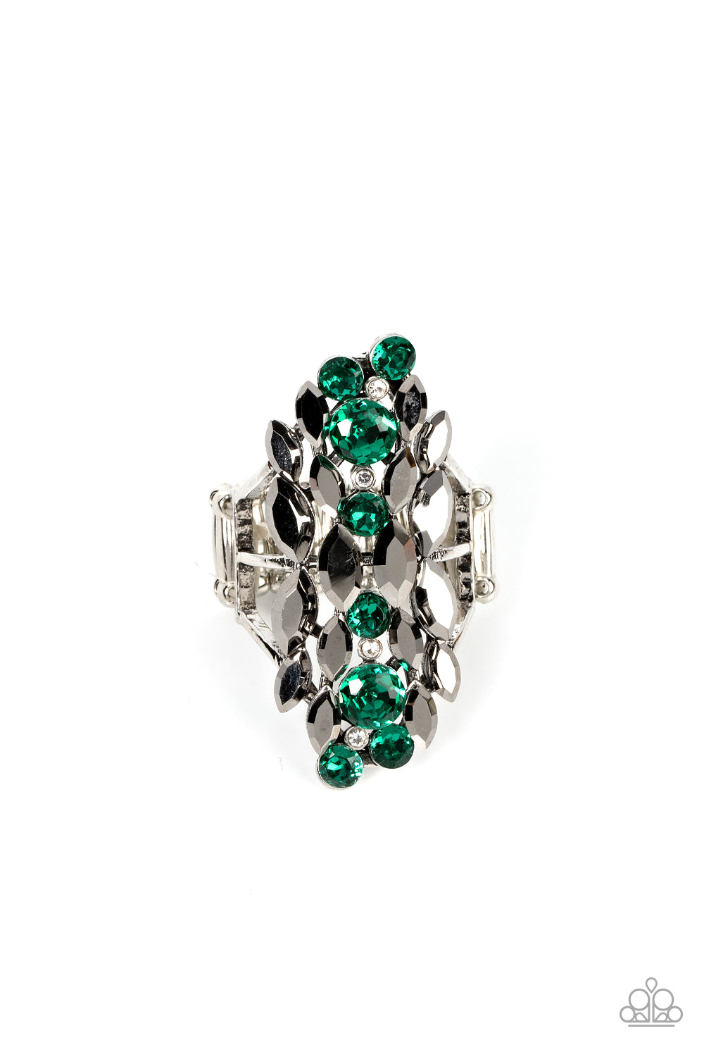 Paparazzi Accessories Smoky Smolder - Green A cascade of dainty white, marquise cut hematite, and round green rhinestones tumble down the finger, coalescing into a smoldering centerpiece. Features a stretchy band for a flexible fit. Sold as one individual