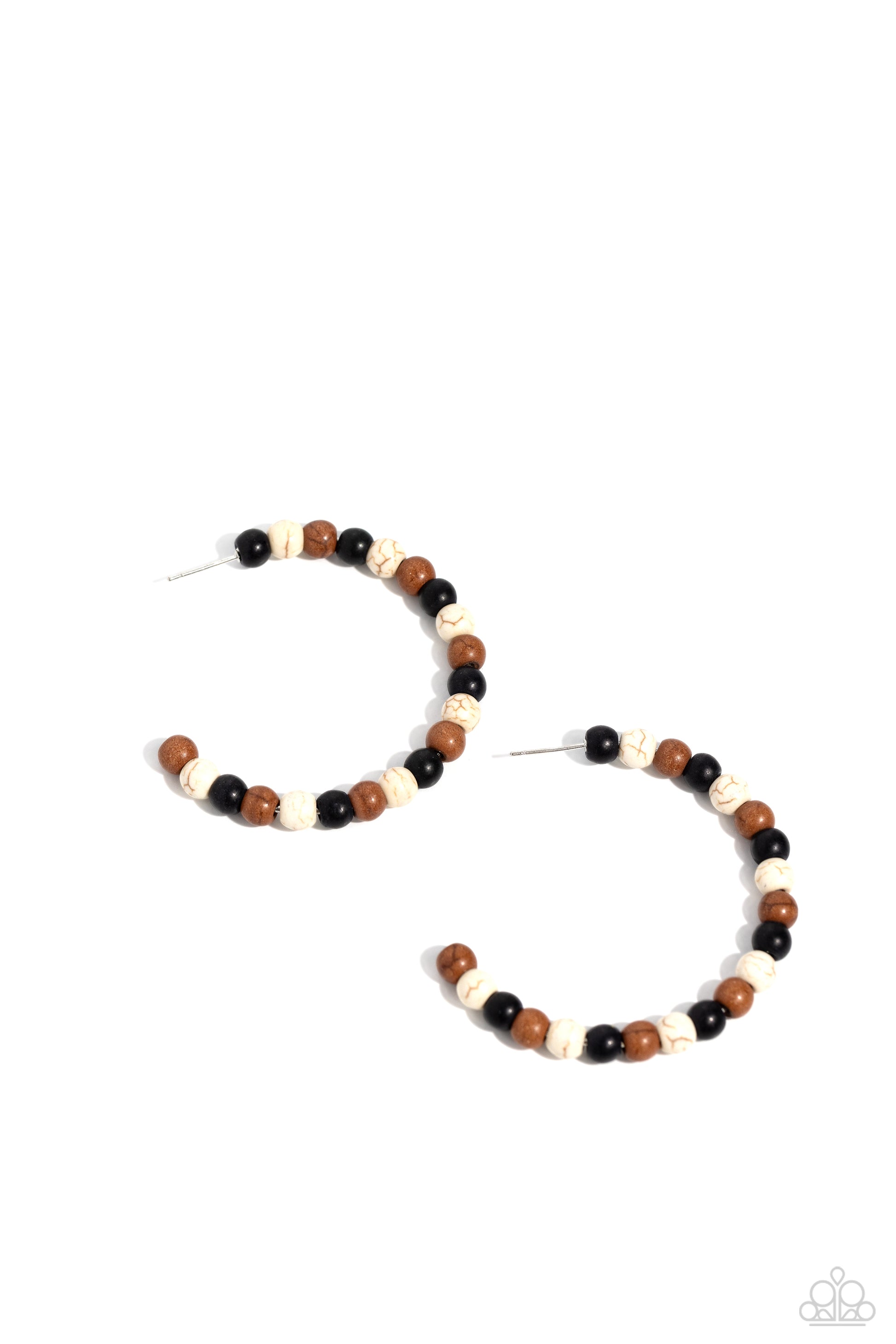 Paparazzi Accessories Rural Retrograde - Multi Earthy black, white, and Adobe stone beads are threaded along a dainty wire hoop, resulting in an earthy flair. Earring attaches to a standard post fitting. Hoop measures approximately 2" in diameter. Sold as