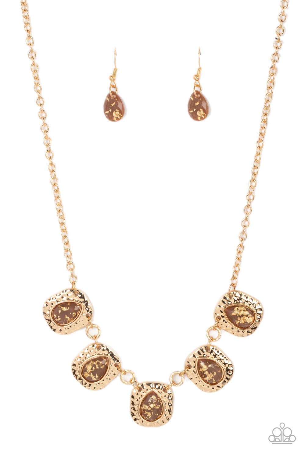 Paparazzi Accessories Mayan Masterpiece - Brown Flecked in gold foil, glassy brown teardrops are pressed into hammered gold frames that delicately link below the collar for a dash of refined shimmer. Features an adjustable clasp closure. Sold as one indiv
