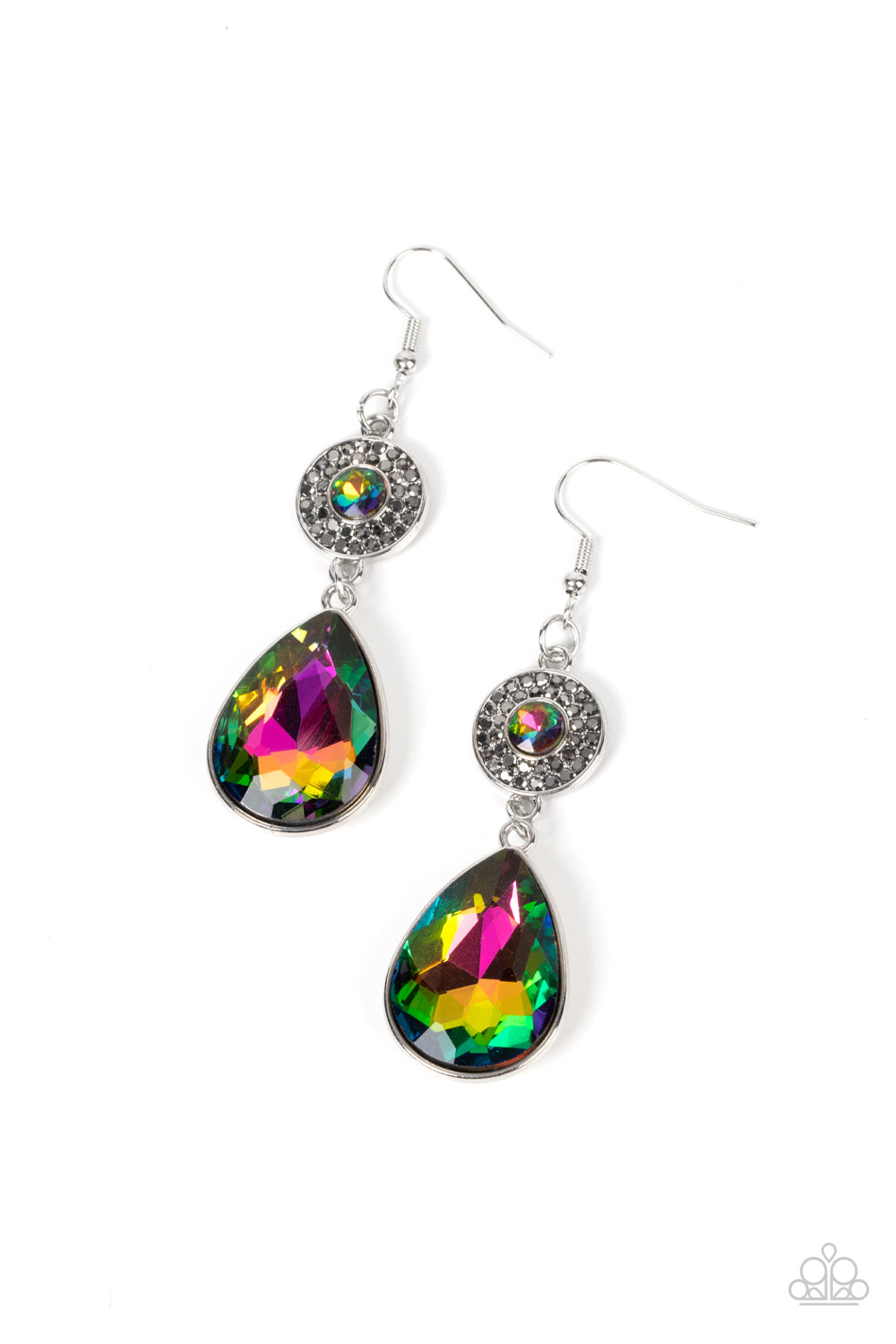 Paparazzi Accessories Collecting My Royalties - Multi Dotted with a solitaire oil spill rhinestone, a hematite rhinestone encrusted silver disc gives way to an oversized teardrop oil spill gem, resulting in a glamorous lure. Earring attaches to a standard