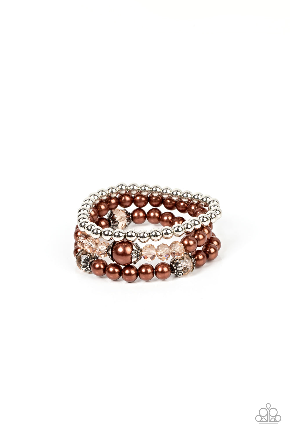 Paparazzi Accessories Positively Polished - Brown Stretchy brown pearl and silver beaded bracelets are adorned with ornate silver accents and golden crystal-like beads, creating polished layers around the wrist. Sold as one set of three bracelets. Bracele