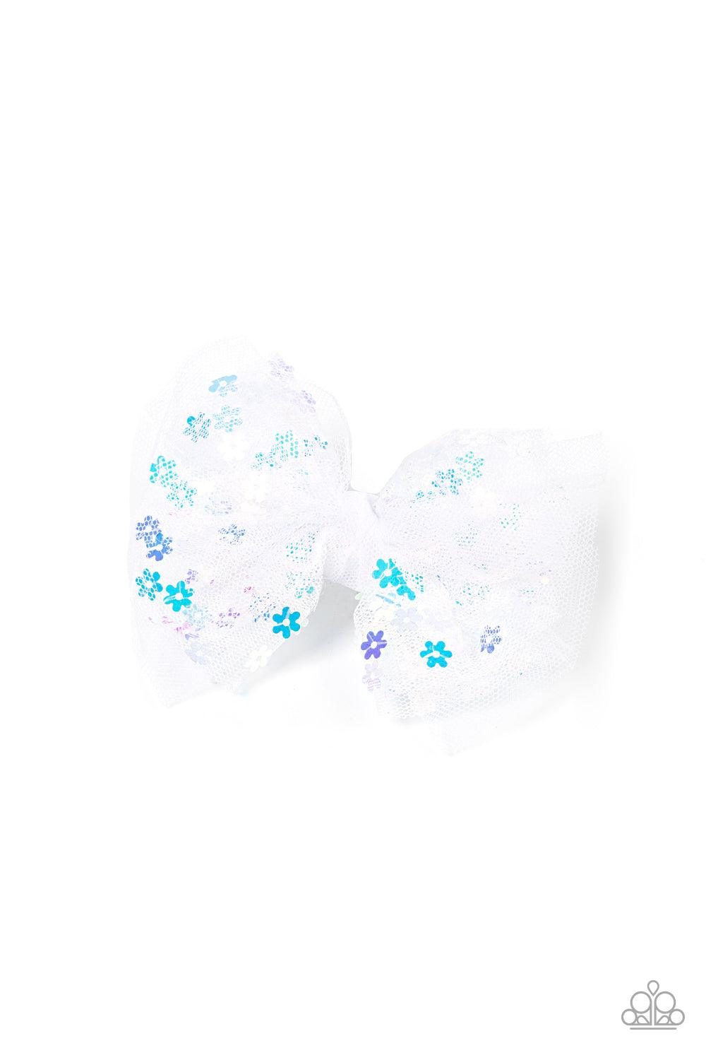 Paparazzi Accessories Sugar Plum PRAIRIE - White Iridescent floral sequins are sprinkled across the front of layers of white tulle that delicately knots into a colorful bow, resulting in a pretty floral fashion. Features a standard hair clip on the back S