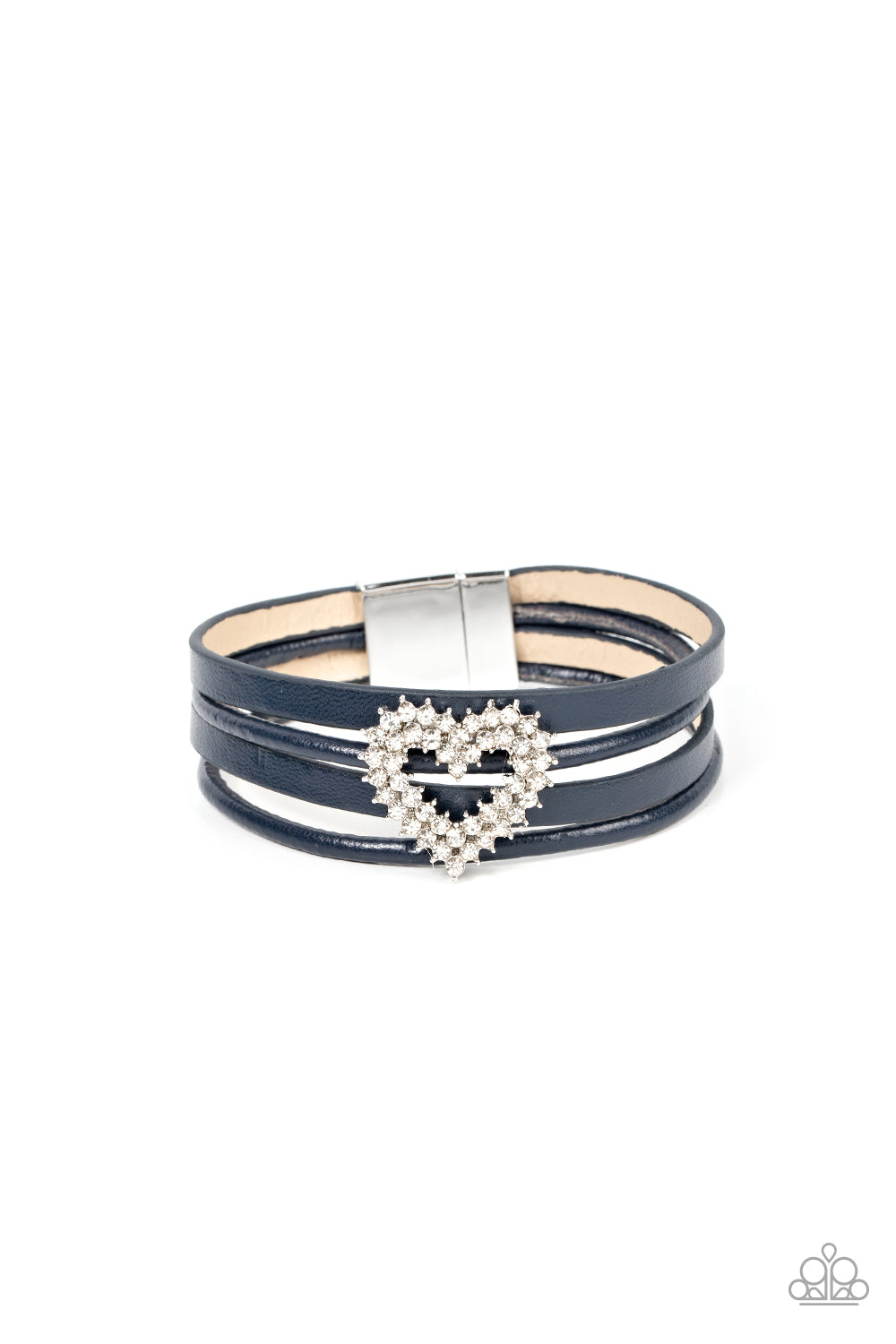 Paparazzi Accessories Wildly in Love - Blue Featuring pronged silver fittings, two rows of glassy white rhinestones stack into a sparkly heart frame that is threaded along layers of blue leather strands around the wrist. Features a magnetic closure. Sold