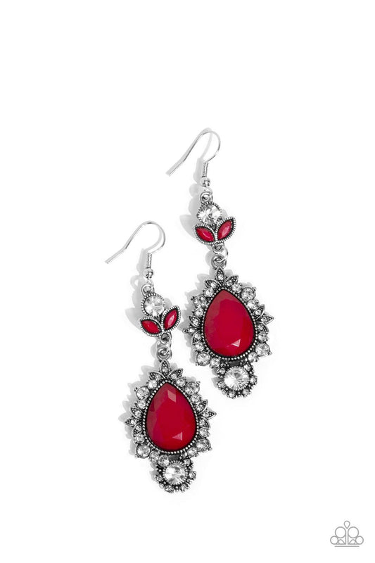 Paparazzi Accessories SELFIE-Esteem - Red Dotted with dainty white rhinestones, leafy silver frames bloom from an oversized red teardrop bead that delicately hangs from a leafy white rhinestone and red beaded fitting for a whimsical finish. Earring attach