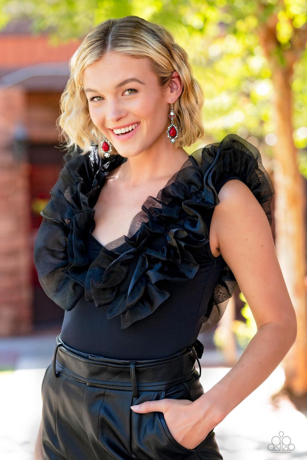 Paparazzi Accessories SELFIE-Esteem - Red Dotted with dainty white rhinestones, leafy silver frames bloom from an oversized red teardrop bead that delicately hangs from a leafy white rhinestone and red beaded fitting for a whimsical finish. Earring attach