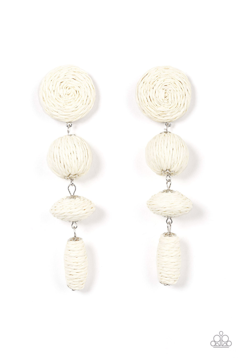 Paparazzi Accessories Twine Tango - White Strands of white crepe-like twine wraps around circle, sphere, oval, and oblong frames that delicately connect into a decorative tassel for a trendy homespun finish. Earring attaches to a standard post fitting. So
