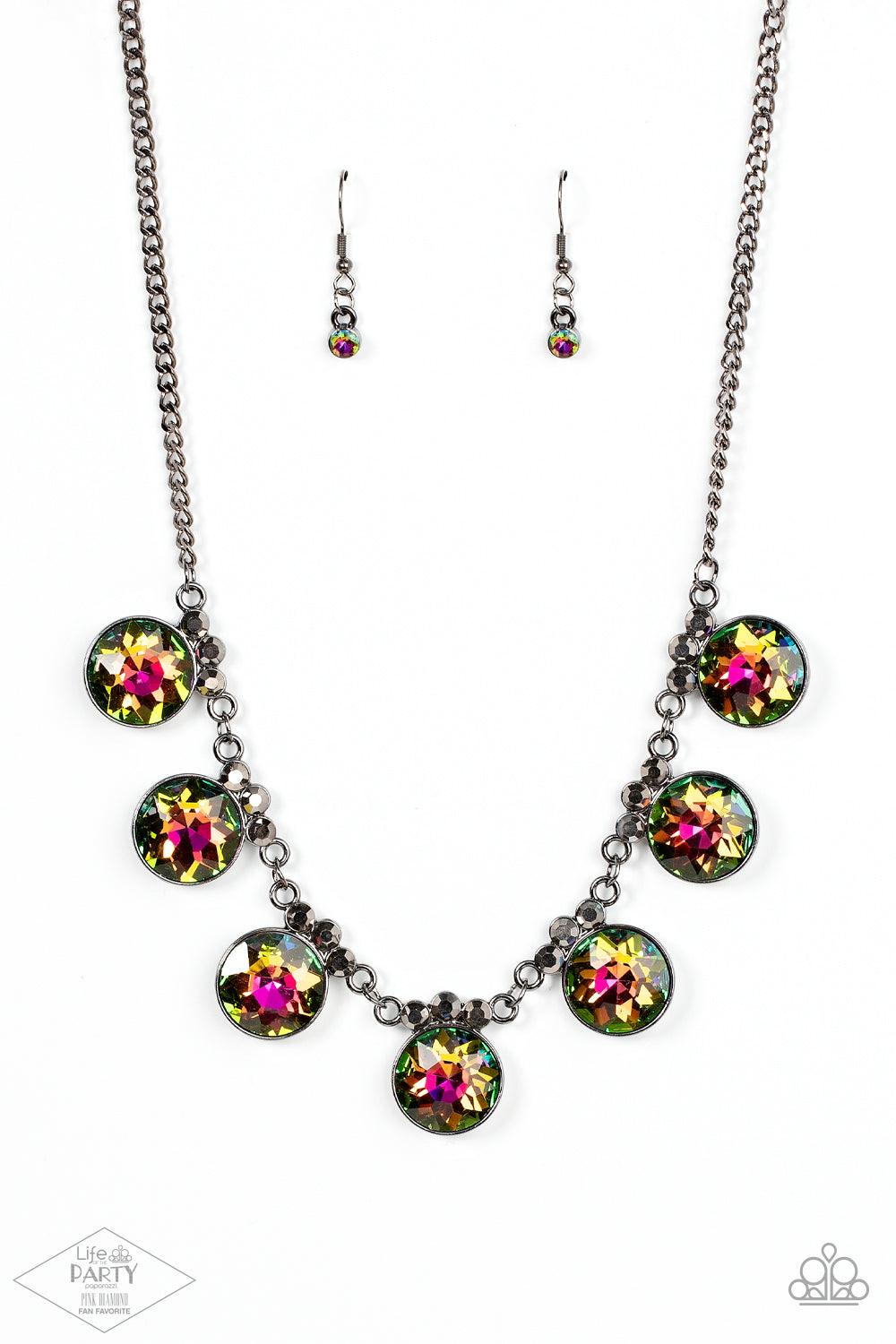 Paparazzi Accessories GLOW-Getter Glamour - Multi Crowned in a trio of dainty hematite rhinestones, an exaggerated display of oversized oil spill gems delicately link below the collar for a glamorous glow. Features an adjustable clasp closure. Sold as one