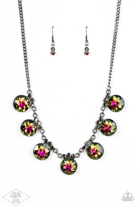 Paparazzi Accessories GLOW-Getter Glamour - Multi Crowned in a trio of dainty hematite rhinestones, an exaggerated display of oversized oil spill gems delicately link below the collar for a glamorous glow. Features an adjustable clasp closure. Sold as one
