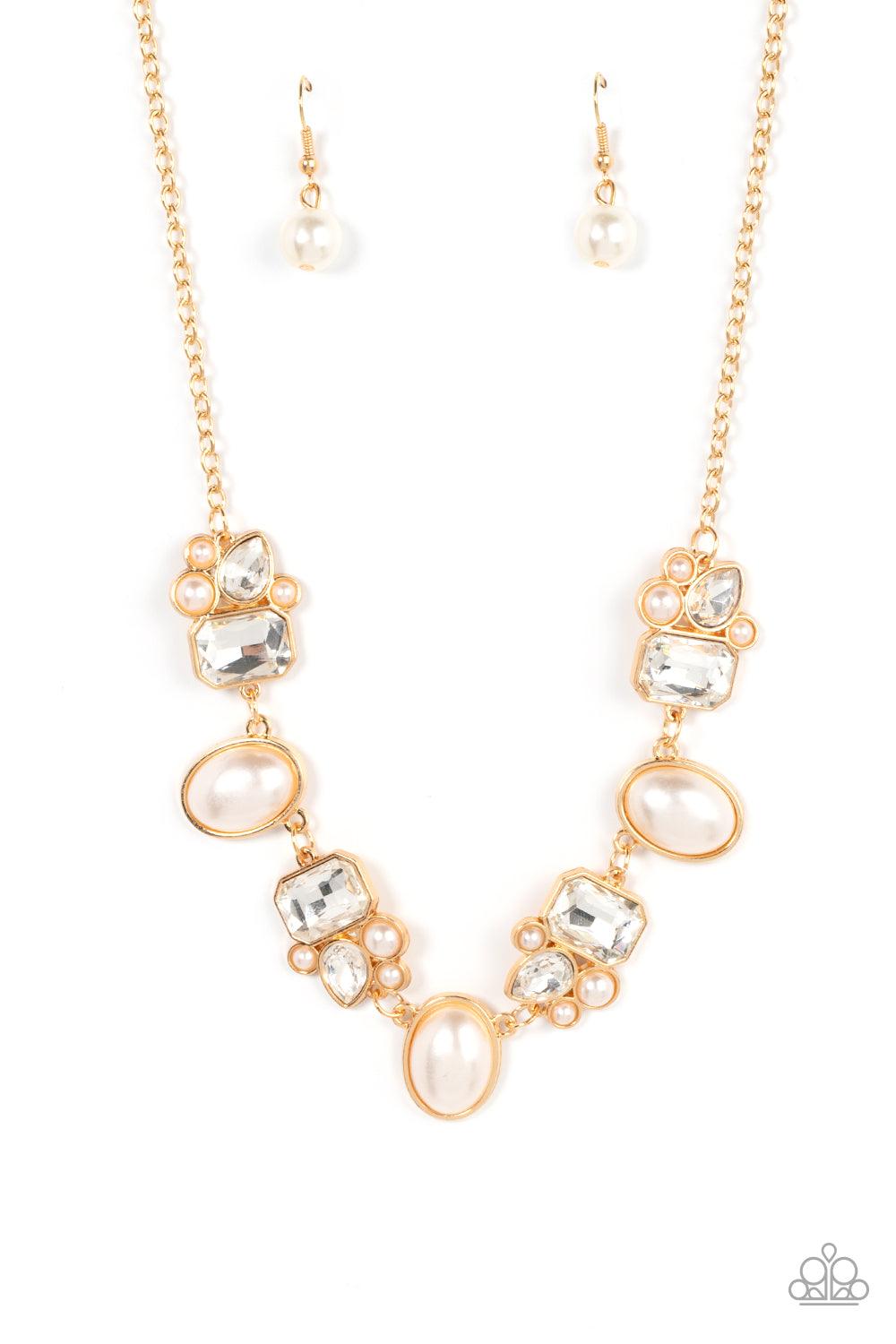 Paparazzi Accessories Sensational Showstopper - Gold Swoon-worthy emerald cut and teardrop rhinestones, accented with bubbly pearl beads, coalesce into stunning asymmetrical gold frames. A trio of elegant white oval pearl beads alternates with the asymmet