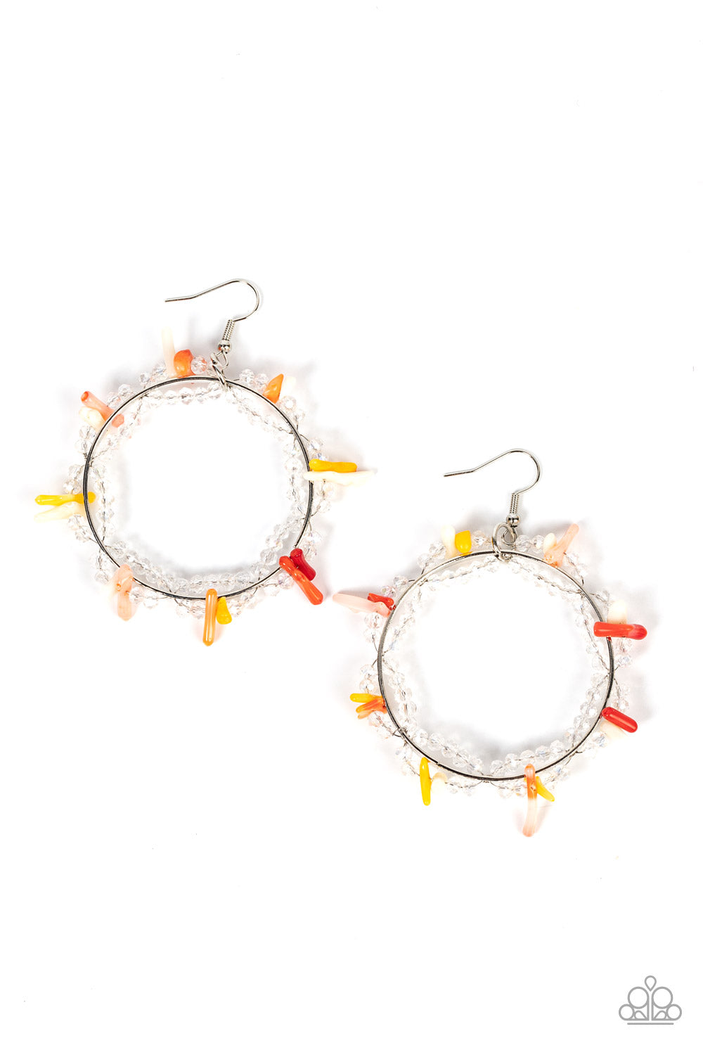 Paparazzi Accessories Ocean Surf - Multi Dainty crystal-like beads and multicolored shell-like pieces are threaded along dainty wires, creating glitzy loops around an oversized silver ring for a beach inspired fashion. Earring attaches to a standard fishh