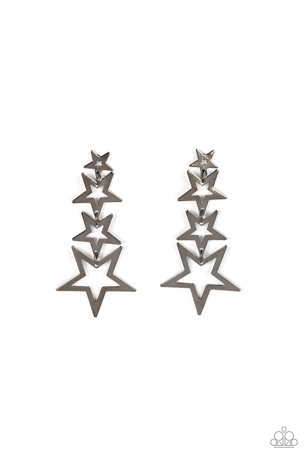 Paparazzi Accessories Superstar Crescendo - Black Flat gunmetal star frames gradually increase in size as they delicately link into a stellar tassel, resulting in an out-of-this-world fashion. Earring attaches to a standard post fitting. Sold as one pair