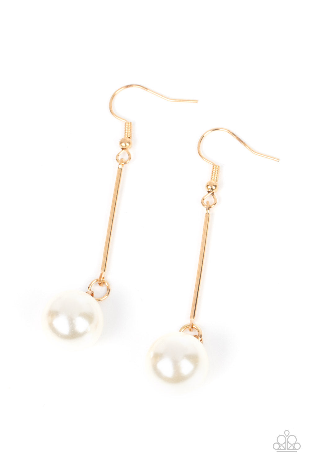 Paparazzi Accessories Pearl Redux - Gold An oversized white pearl delicately links to the bottom of a sleek gold rod, adding a timeless twist to the classic pearl palette. Earring attaches to a standard fishhook fitting. Sold as one pair of earrings. Jewe