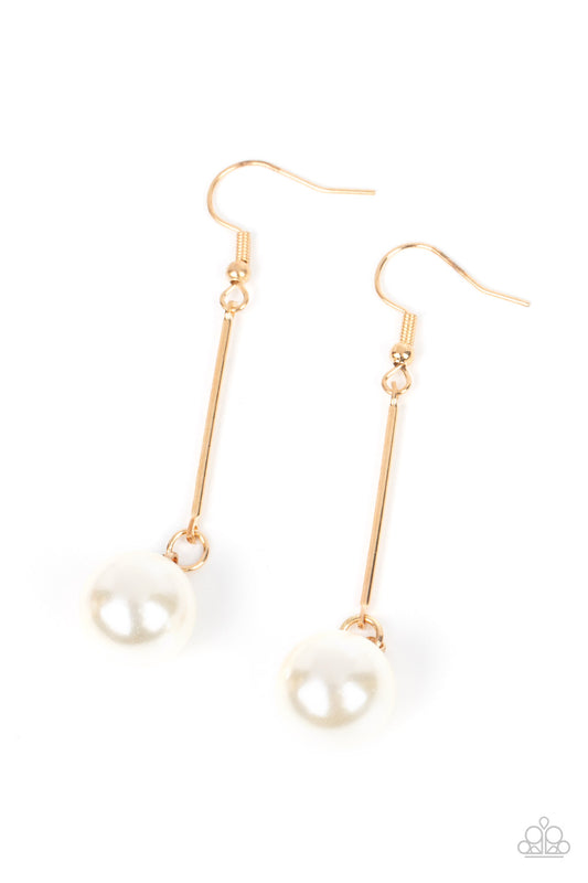 Paparazzi Accessories Pearl Redux - Gold An oversized white pearl delicately links to the bottom of a sleek gold rod, adding a timeless twist to the classic pearl palette. Earring attaches to a standard fishhook fitting. Sold as one pair of earrings. Jewe
