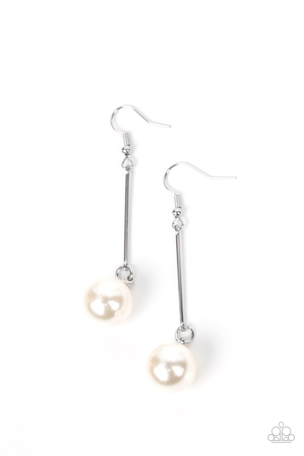 Paparazzi Accessories Pearl Redux - White An oversized white pearl delicately links to the bottom of a sleek silver rod, adding a timeless twist to the classic pearl palette. Earring attaches to a standard fishhook fitting. Sold as one pair of earrings. J