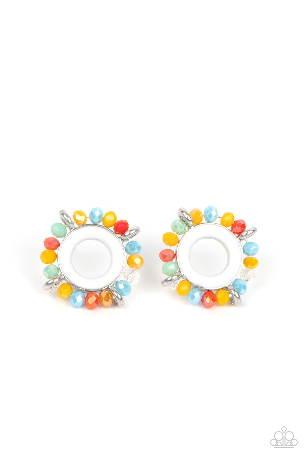 Paparazzi Accessories Nautical Notion - Multi Featuring dainty silver accents, a ring of multicolored crystal-like beads encircles a silver ring painted in a shiny white finish for a nautical inspired look. Earring attaches to a standard post fitting. Sol