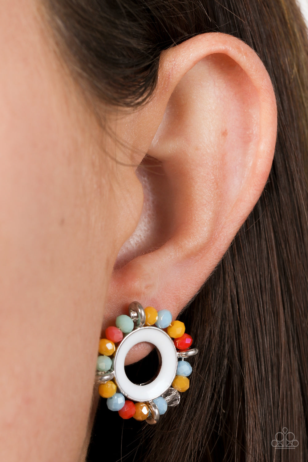 Paparazzi Accessories Nautical Notion - Multi Featuring dainty silver accents, a ring of multicolored crystal-like beads encircles a silver ring painted in a shiny white finish for a nautical inspired look. Earring attaches to a standard post fitting. Sol