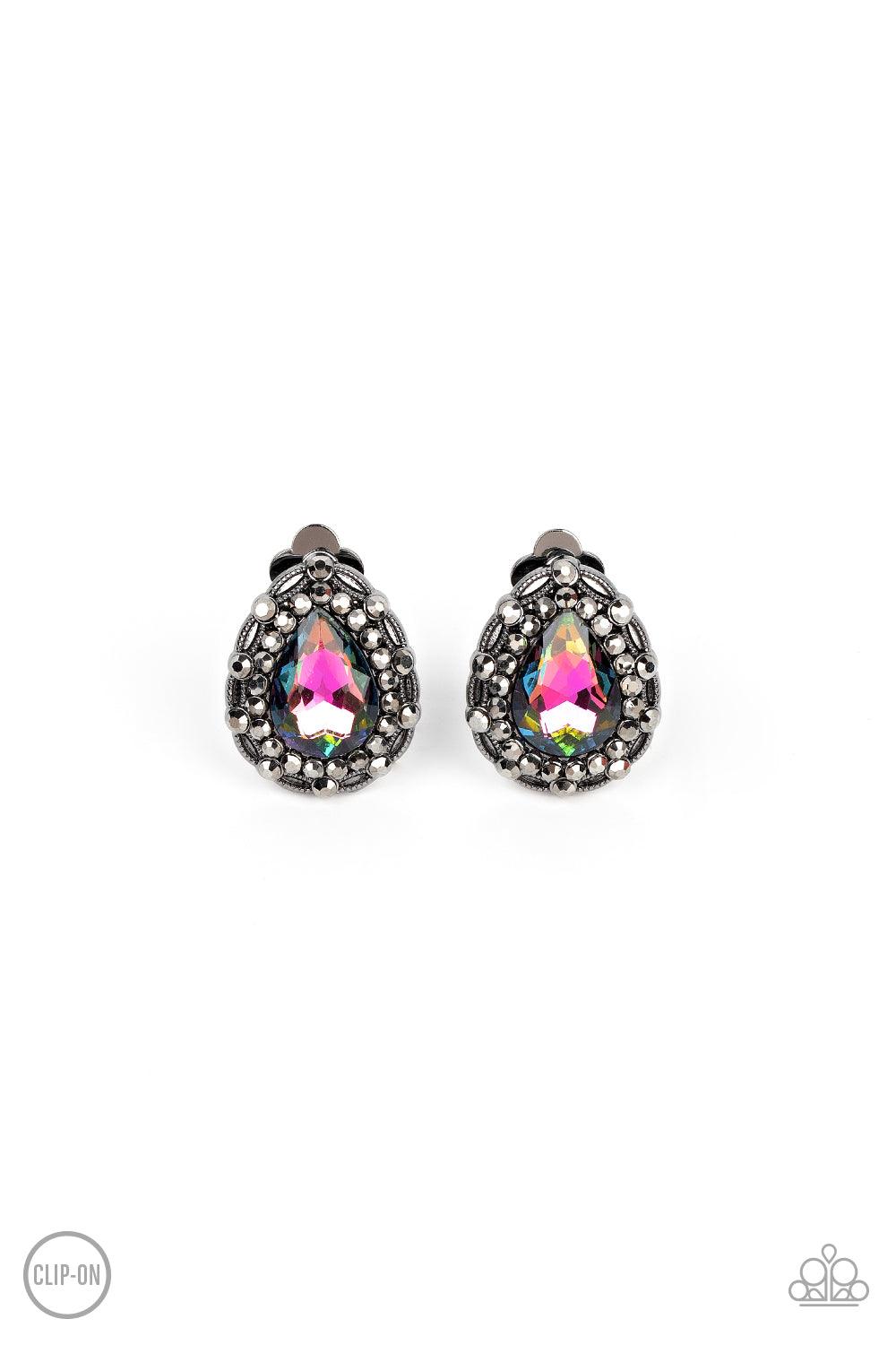 Paparazzi Accessories Haute Happy Hour - Multi *Clip-On An oversized oil spill teardrop gem is elegantly bordered in glitzy hematite rhinestones atop a decorative gunmetal frame, culminating into a smoldering twinkle. Earring attaches to a standard clip-o
