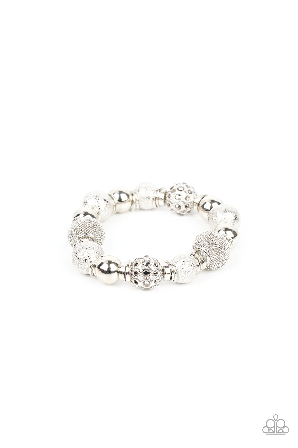 Paparazzi Accessories We Totally Mesh - Silver An oversized collection of shimmery silver beads, silver rings, hematite rhinestone dotted accents, and wire mesh beads are threaded along stretchy bands around the wrist for a glitzy finish. Featured inside
