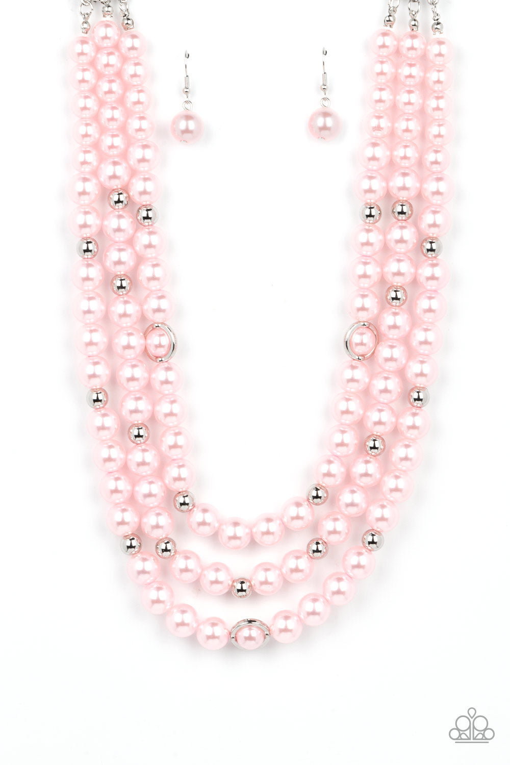 Paparazzi Accessories Needs No Introduction - Pink Infused with silver beads and silver rings, a bubbly collection of pink pearls are threaded along invisible wires that cascade into effervescent layers below the collar. Features an adjustable clasp closu