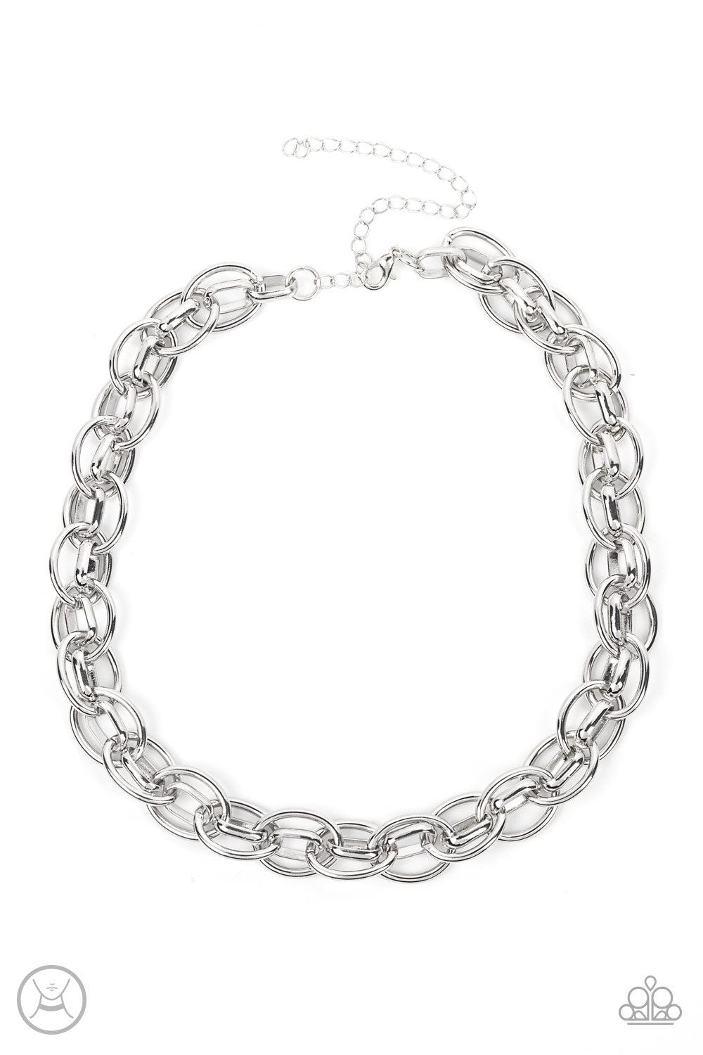 Paparazzi Accessories Tough Crowd - Silver An oversized silver chain interlocks with an oval linked chain, resulting in a rebellious fashion around the neck. Features an adjustable clasp closure. Sold as one individual choker necklace. Includes one pair o
