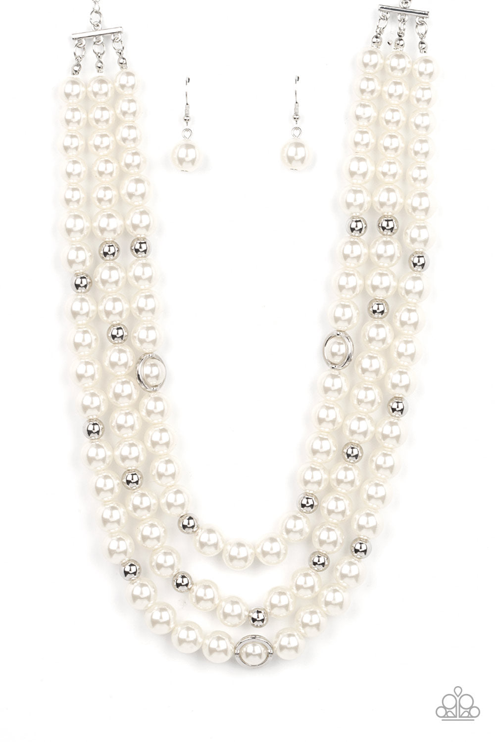 Paparazzi Accessories Needs No Introduction - White Infused with silver beads and silver rings, a bubbly collection of white pearls are threaded along invisible wires that cascade into effervescent layers below the collar. Features an adjustable clasp clo