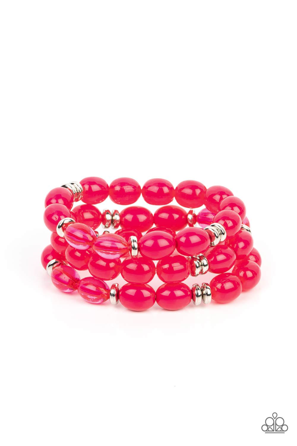 Paparazzi Accessories Coastal Coastin - Pink Infused with silver accents, rows of glassy, opaque and acrylic Fuchsia Fedora beads are threaded along stretchy bands around the wrist, resulting in vivacious layers. Sold as one set of three of bracelets. Get