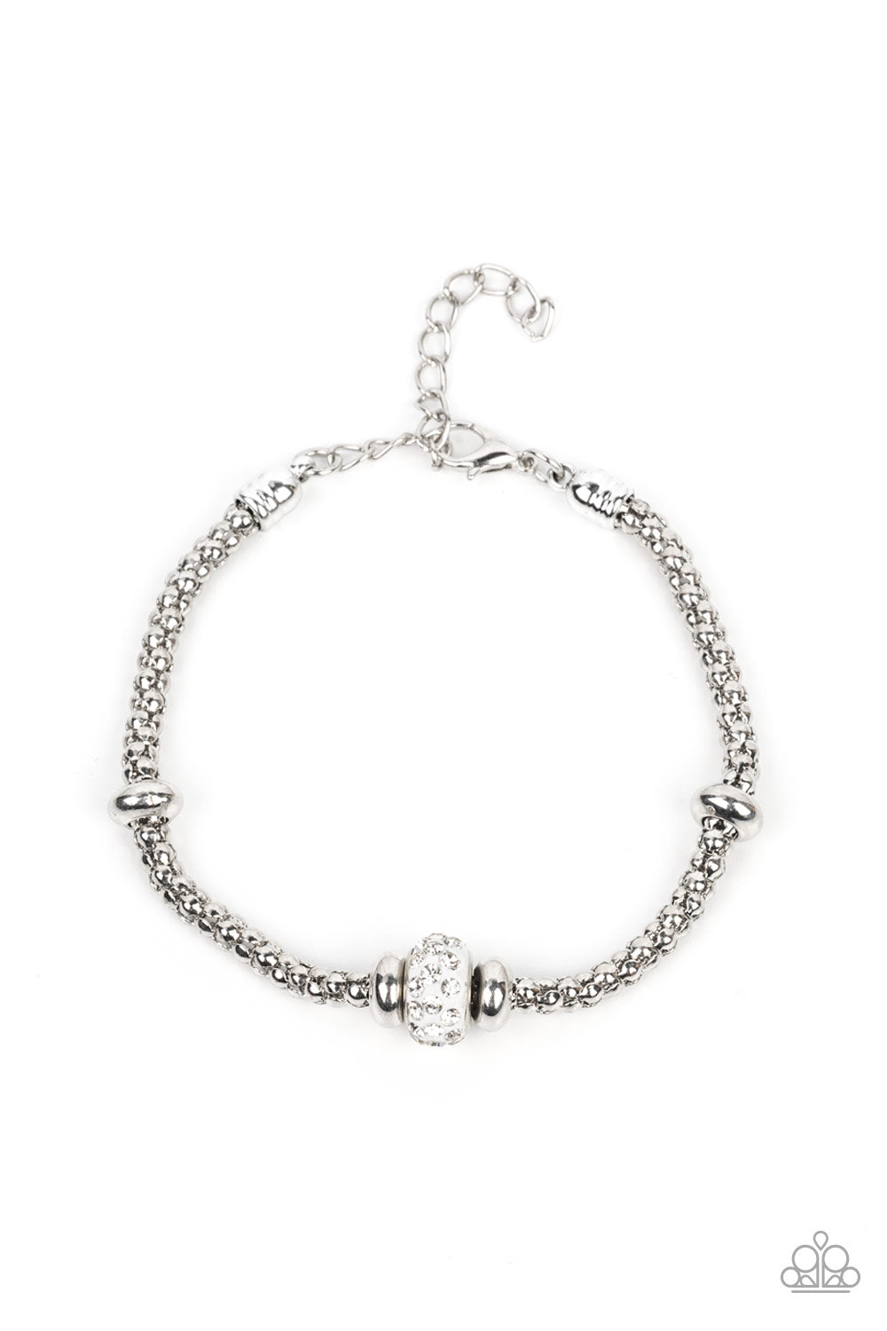Paparazzi Accessories Downtown Decoupage - White Flanked by silver disc-like beads, a white rhinestone dotted bead adorns the center of a silver popcorn chain around the wrist for a dazzling finish. Features an adjustable clasp closure. Sold as one indivi