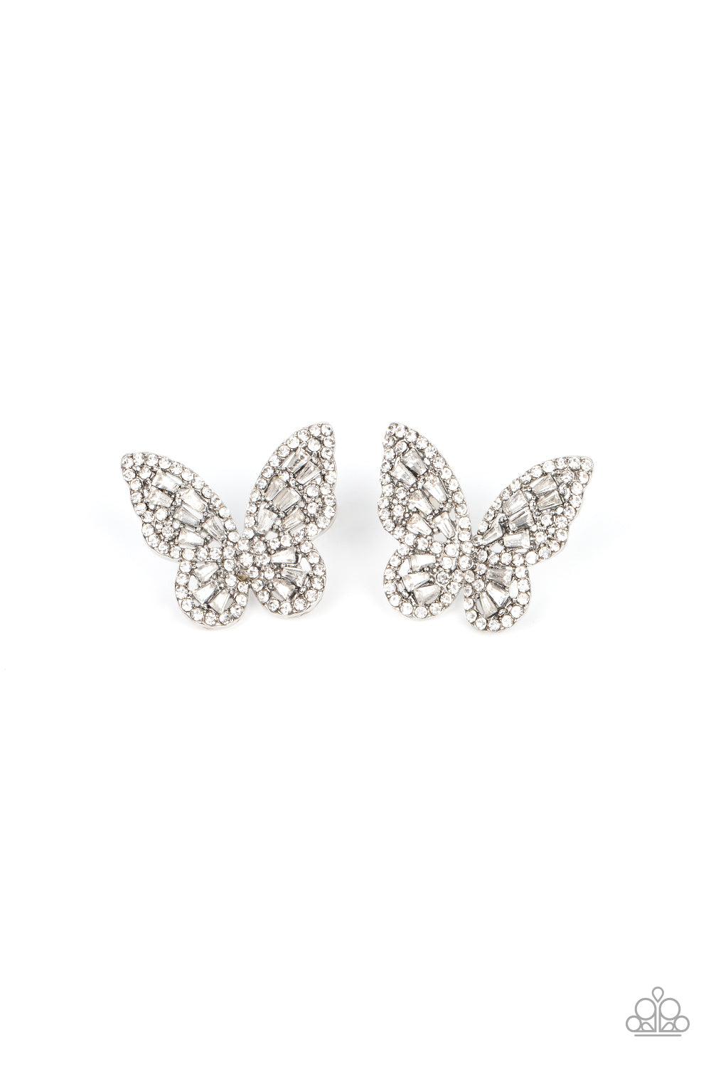 Paparazzi Accessories Smooth Like FLUTTER - White Bordered in dainty white rhinestones, emerald cut white rhinestones sparkle inside the silver wings of a butterfly for an enchanting fashion. Earring attaches to a standard post fitting. Sold as one pair o