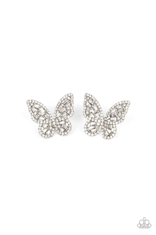 Paparazzi Accessories Smooth Like FLUTTER - White Bordered in dainty white rhinestones, emerald cut white rhinestones sparkle inside the silver wings of a butterfly for an enchanting fashion. Earring attaches to a standard post fitting. Sold as one pair o
