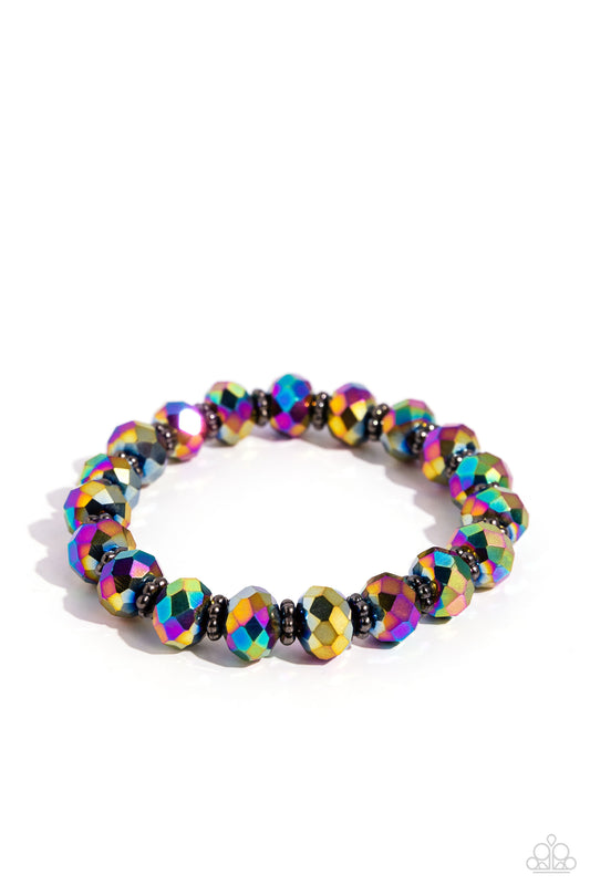 Paparazzi Accessories Shimmering Satisfaction - Multi Dipped in metallic shimmer, glittery oil spill crystal-like beads and studded gunmetal rings are threaded along a stretchy band around the wrist for a stellar fashion. Sold as one individual bracelet.