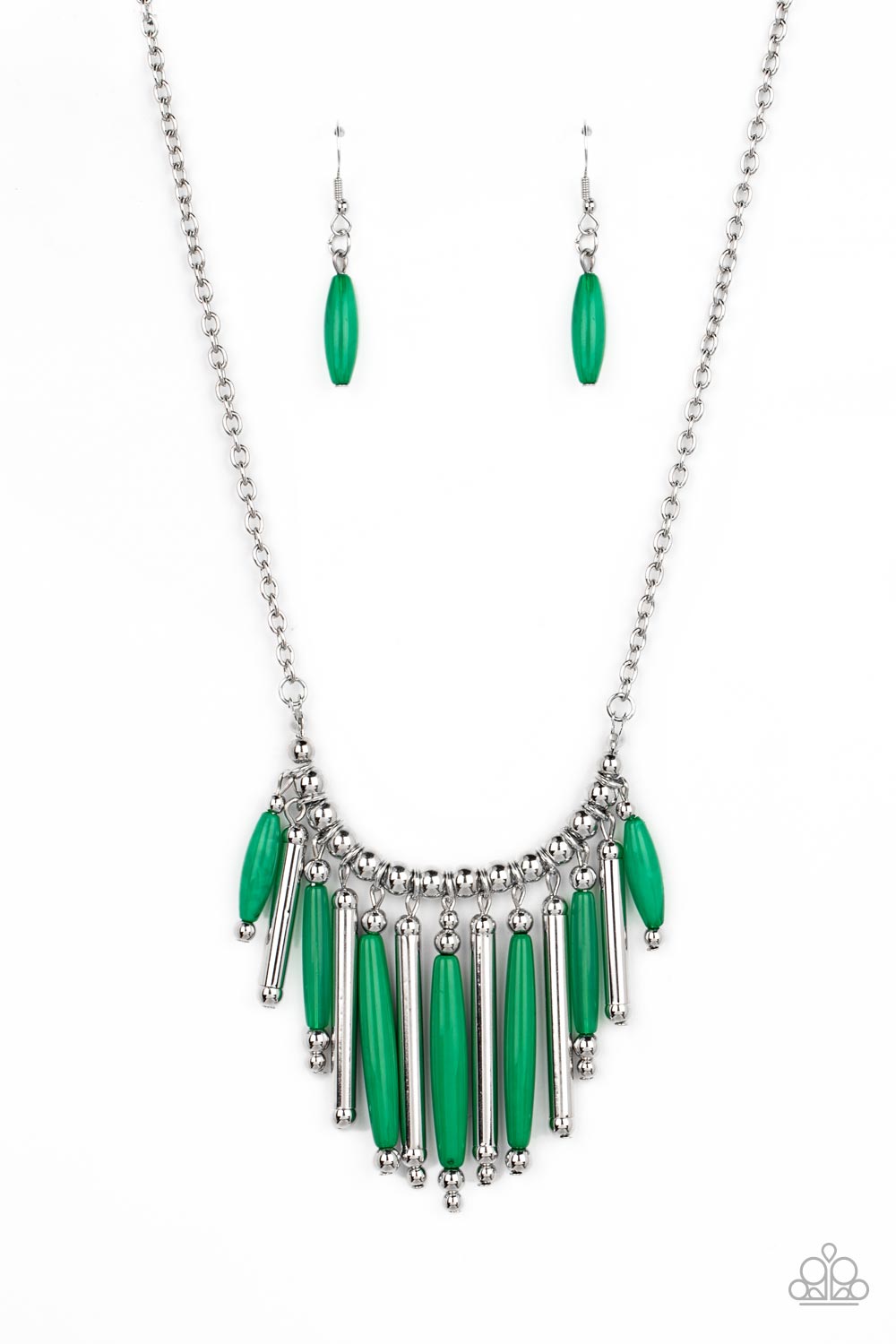 Paparazzi Accessories Bohemian Breeze - Green Flanked by dainty silver beads, cylindrical silver and glassy and opaque Leprechaun beads alternate along a silver beaded chain, fanning out into a colorful fringe below the collar. Features an adjustable clas