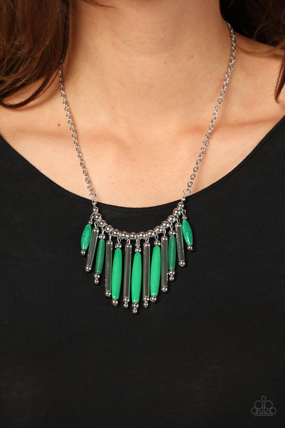 Paparazzi Accessories Bohemian Breeze - Green Flanked by dainty silver beads, cylindrical silver and glassy and opaque Leprechaun beads alternate along a silver beaded chain, fanning out into a colorful fringe below the collar. Features an adjustable clas