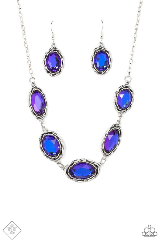 Paparazzi Accessories Regal Renaissance - Multi Brushed in a subtle metallic finish, a collection of variegated oval multicolored purple gems connect end to end along the collar. Antiqued silver frames, embellished with a layered rope texture, wrap around