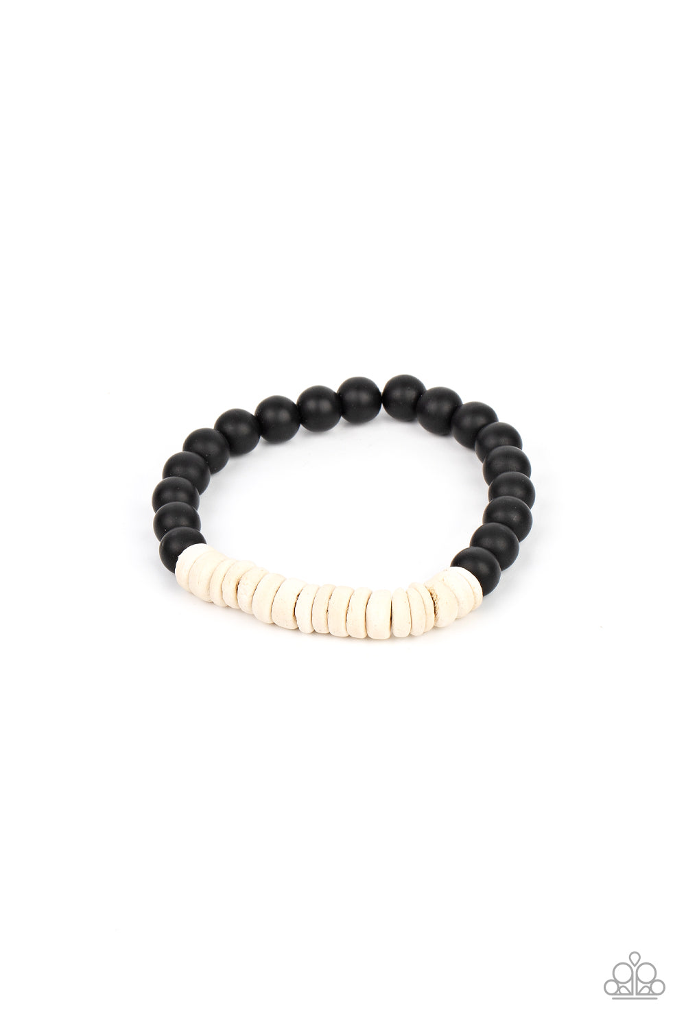 Paparazzi Accessories Recreational Remedy - White White wooden discs and smooth black stone beads are threaded along stretchy bands around the wrist, resulting in an earthy combo. Sold as one individual bracelet. Bracelets